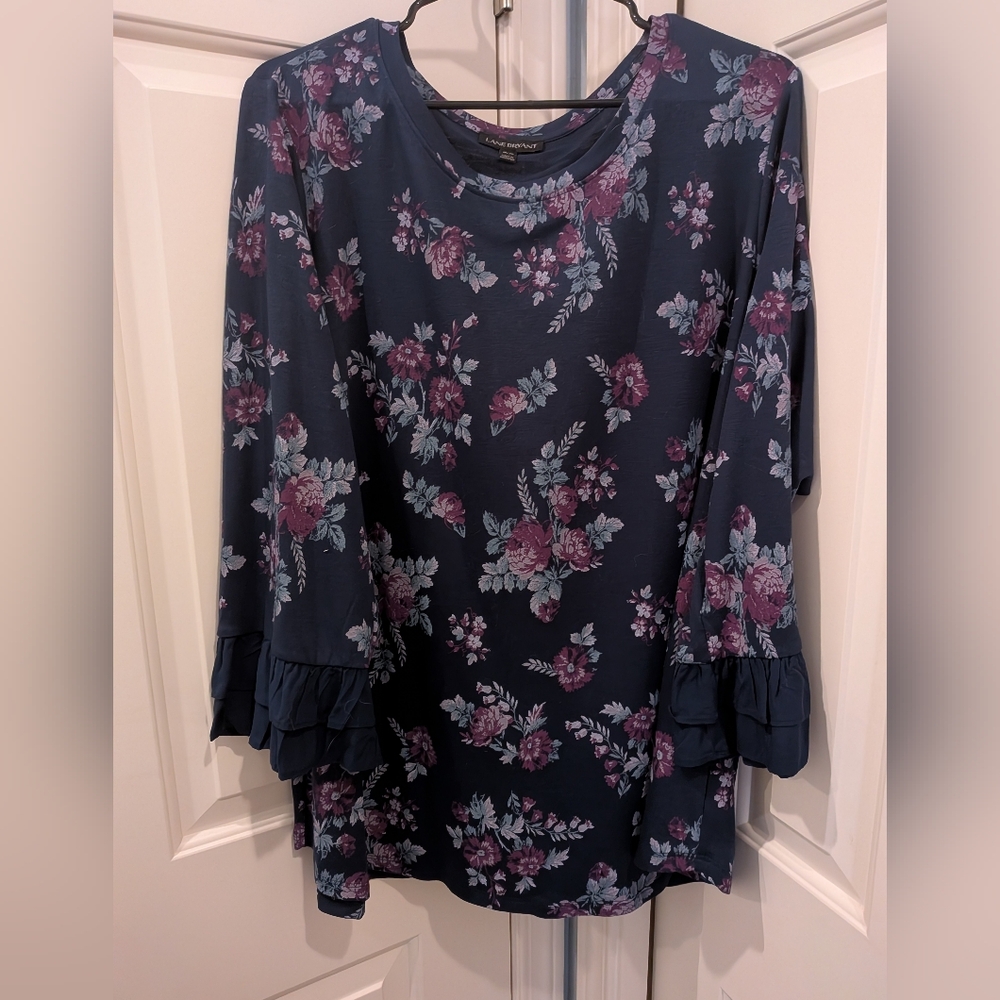 Lane Bryant Navy Floral Blouse with Ruffle Sleeves